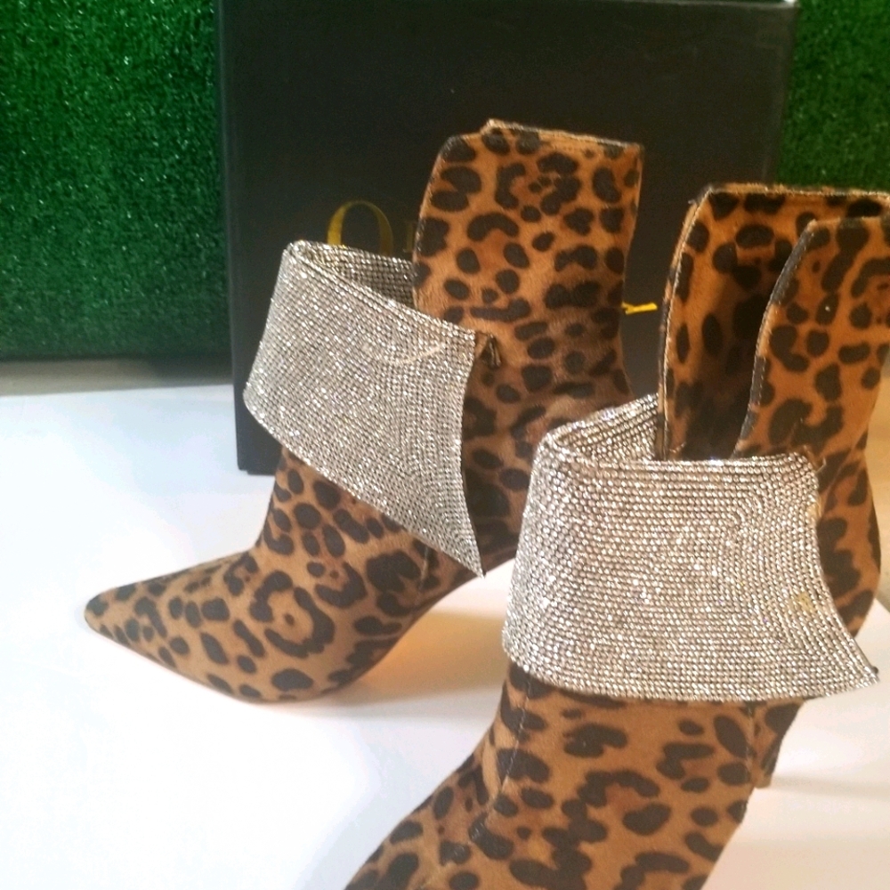 Olivia Jaymes leopard suede embellishment bootie
